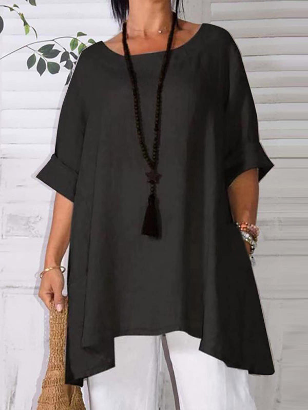 Top- Retro Style Tunic Blouse with Asymmetric Hem- Black- IndioGear Fashion and Gear