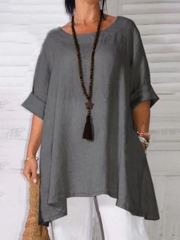 Top- Retro Style Tunic Blouse with Asymmetric Hem- Grey- IndioGear Fashion and Gear