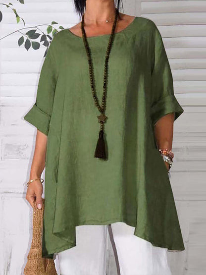 Top- Retro Style Tunic Blouse with Asymmetric Hem- Green- IndioGear Fashion and Gear