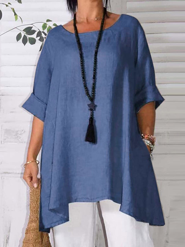 Top- Retro Style Tunic Blouse with Asymmetric Hem- Blue- IndioGear Fashion and Gear