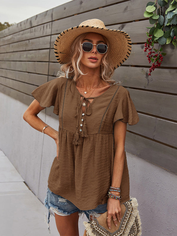 Top- Solid Blouse with Flared Sleeves and Drawstring Details- - IndioGear Fashion and Gear