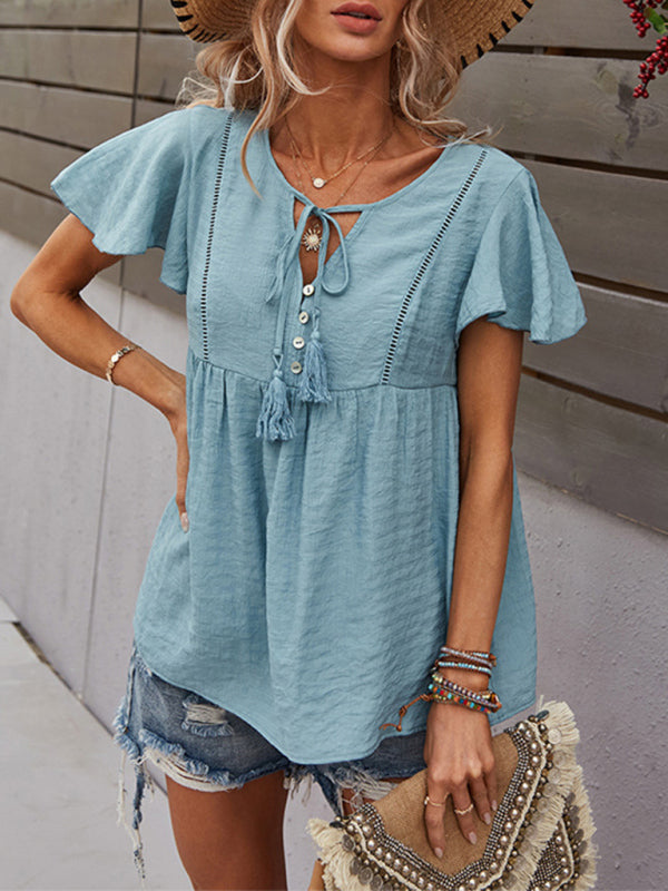 Top- Solid Blouse with Flared Sleeves and Drawstring Details- Blue- IndioGear Fashion and Gear