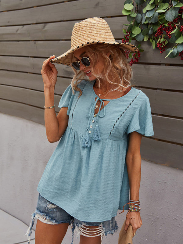 Top- Solid Blouse with Flared Sleeves and Drawstring Details- - IndioGear Fashion and Gear