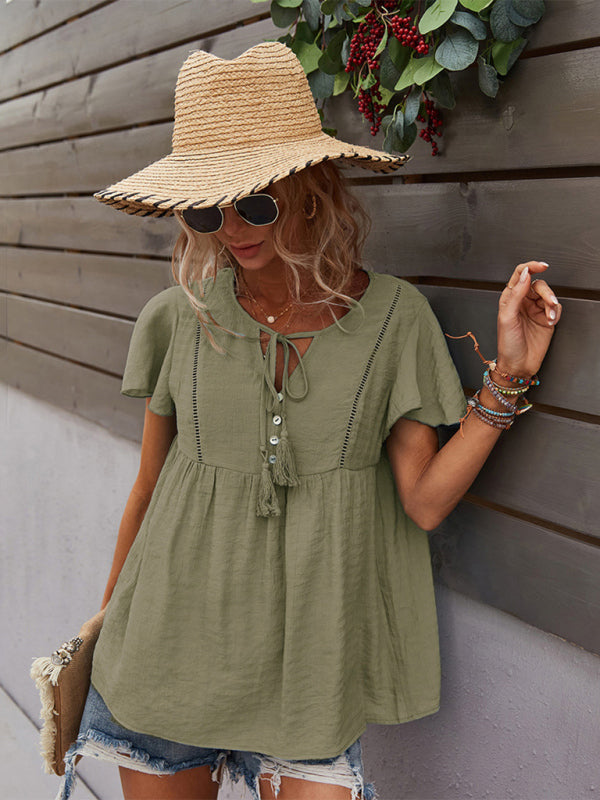 Top- Solid Blouse with Flared Sleeves and Drawstring Details- - IndioGear Fashion and Gear