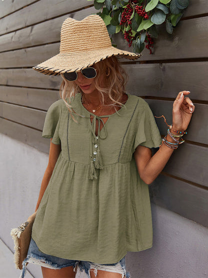 Top- Solid Blouse with Flared Sleeves and Drawstring Details- - IndioGear Fashion and Gear