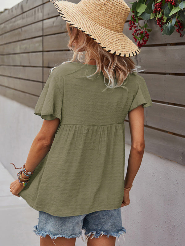 Top- Solid Blouse with Flared Sleeves and Drawstring Details- - IndioGear Fashion and Gear