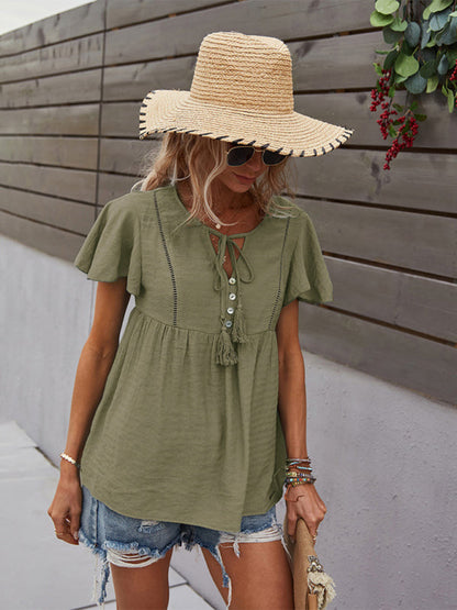 Top- Solid Blouse with Flared Sleeves and Drawstring Details- - IndioGear Fashion and Gear