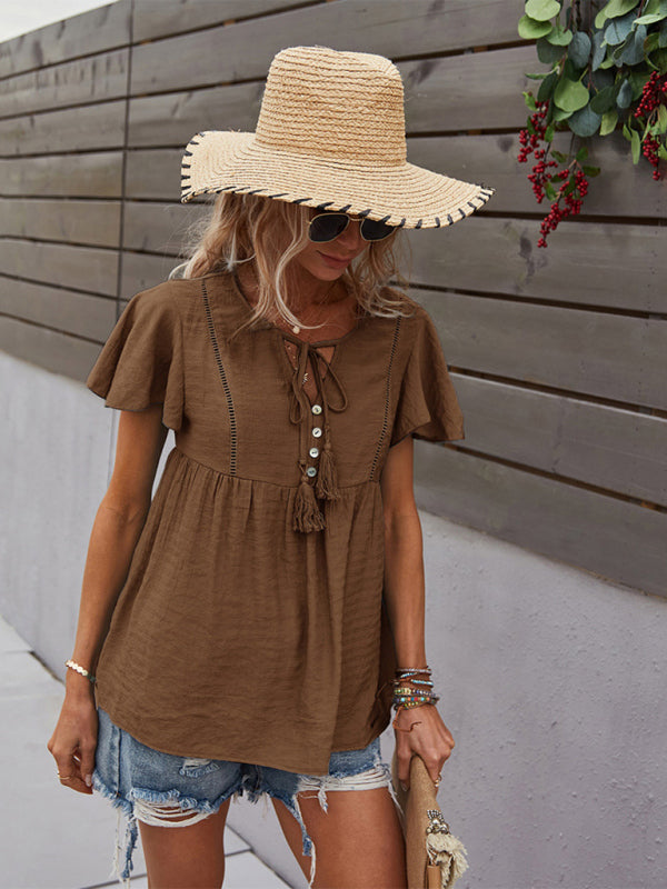 Top- Solid Blouse with Flared Sleeves and Drawstring Details- - IndioGear Fashion and Gear