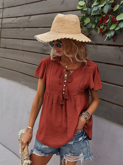 Top- Solid Blouse with Flared Sleeves and Drawstring Details- - IndioGear Fashion and Gear