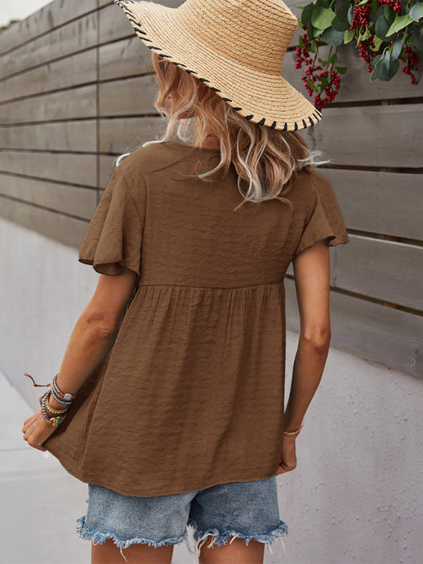 Top- Solid Blouse with Flared Sleeves and Drawstring Details- - IndioGear Fashion and Gear