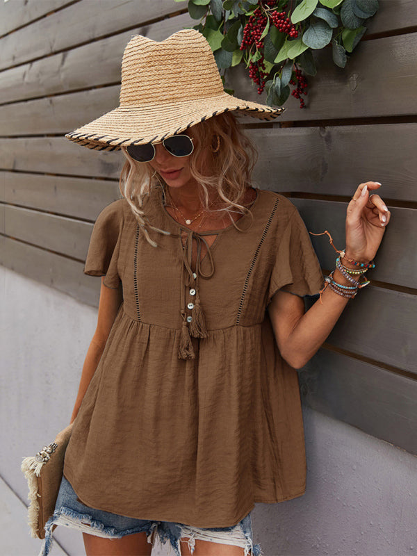 Top- Solid Blouse with Flared Sleeves and Drawstring Details- - IndioGear Fashion and Gear