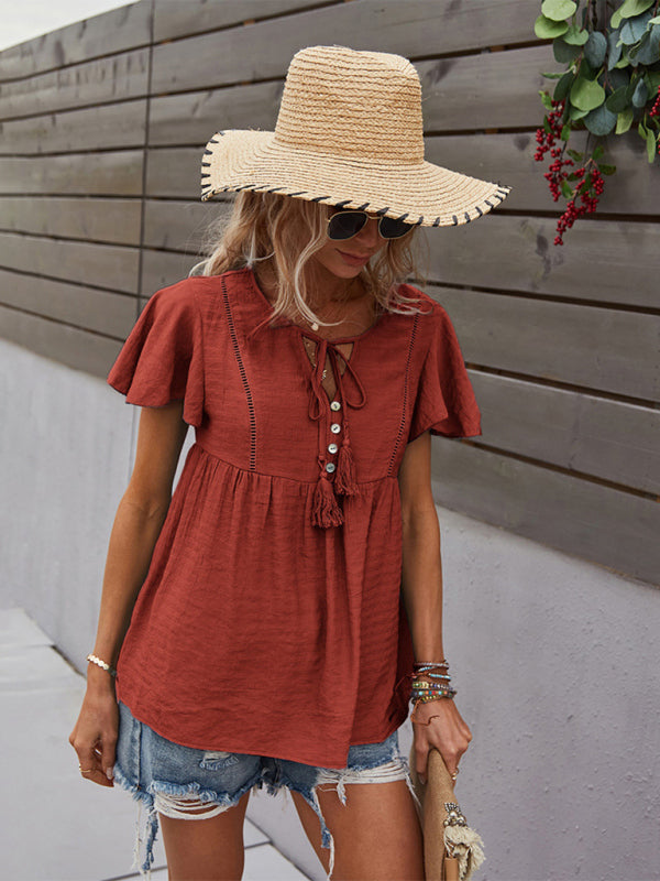 Top- Solid Blouse with Flared Sleeves and Drawstring Details- - IndioGear Fashion and Gear