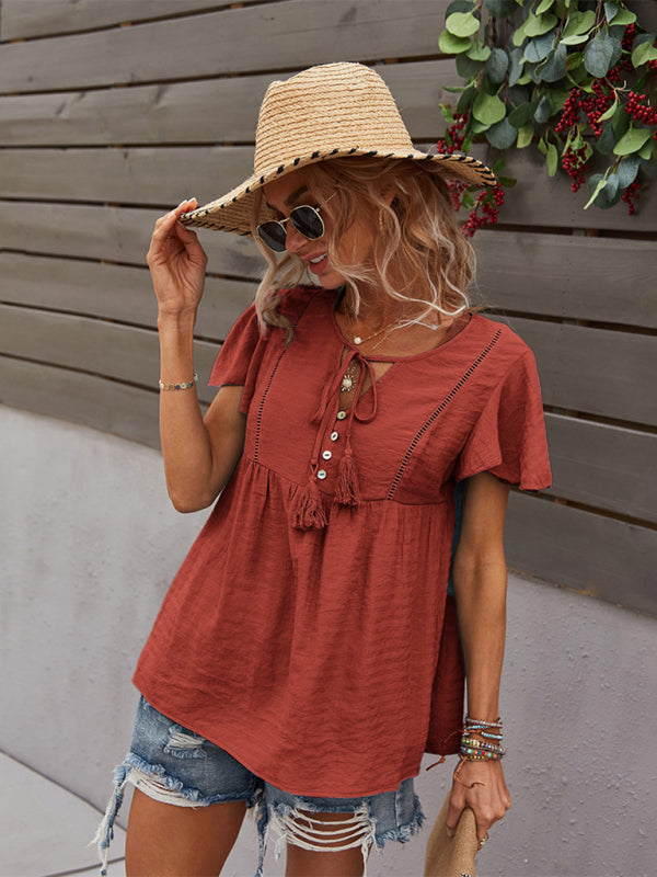 Top- Solid Blouse with Flared Sleeves and Drawstring Details- - IndioGear Fashion and Gear