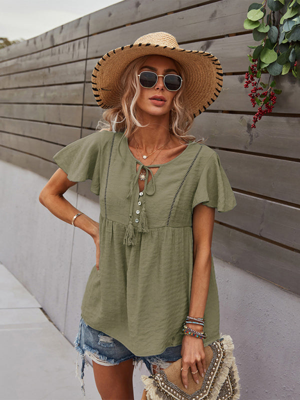 Top- Solid Blouse with Flared Sleeves and Drawstring Details- - IndioGear Fashion and Gear