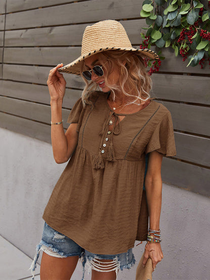 Top- Solid Blouse with Flared Sleeves and Drawstring Details- - IndioGear Fashion and Gear