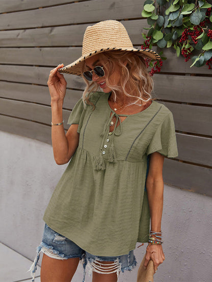 Top- Solid Blouse with Flared Sleeves and Drawstring Details- Green- IndioGear Fashion and Gear