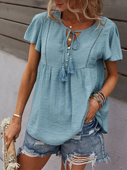 Top- Solid Blouse with Flared Sleeves and Drawstring Details- - IndioGear Fashion and Gear