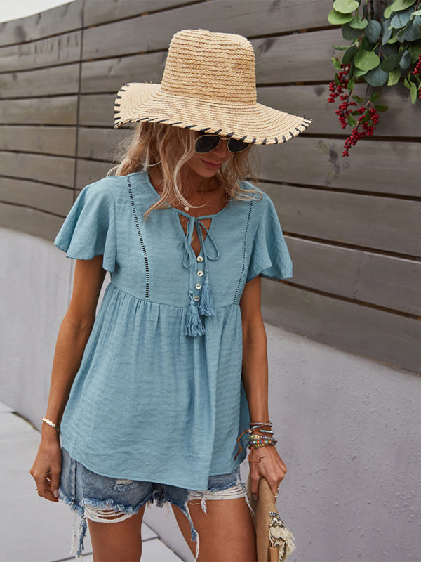 Top- Solid Blouse with Flared Sleeves and Drawstring Details- - IndioGear Fashion and Gear