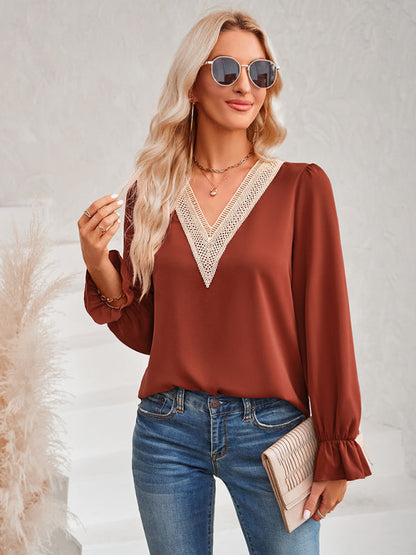 Top- Solid Long Sleeve Lace V-Neck Blouse Top- - IndioGear Fashion and Gear