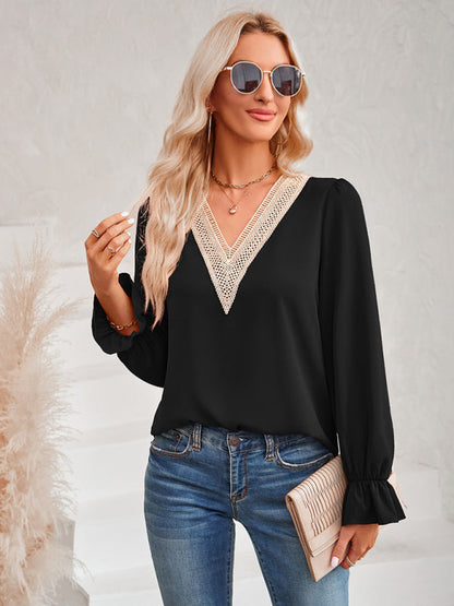 Top- Solid Long Sleeve Lace V-Neck Blouse Top- - IndioGear Fashion and Gear