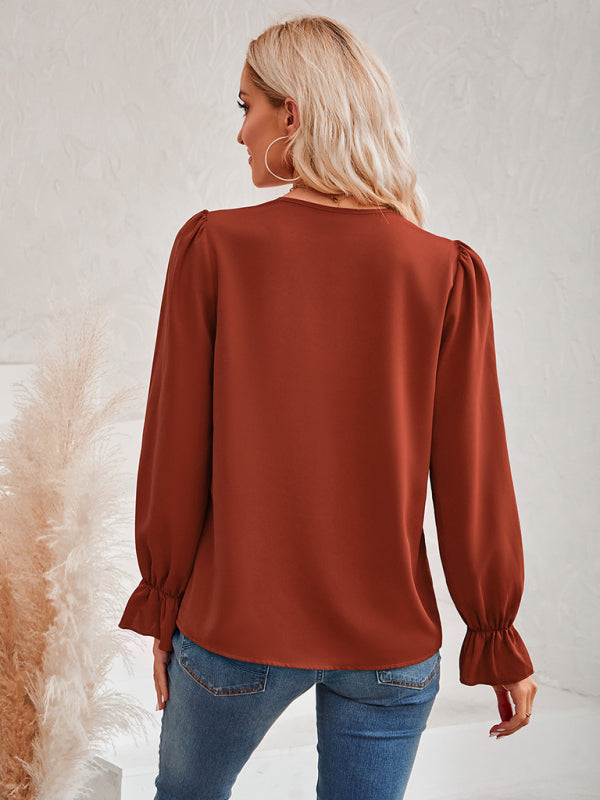 Top- Solid Long Sleeve Lace V-Neck Blouse Top- - IndioGear Fashion and Gear