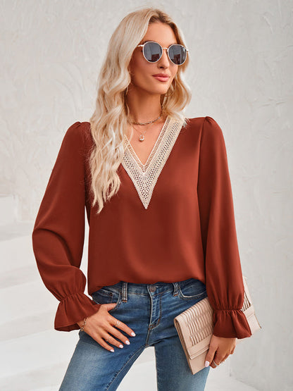 Top- Solid Long Sleeve Lace V-Neck Blouse Top- - IndioGear Fashion and Gear