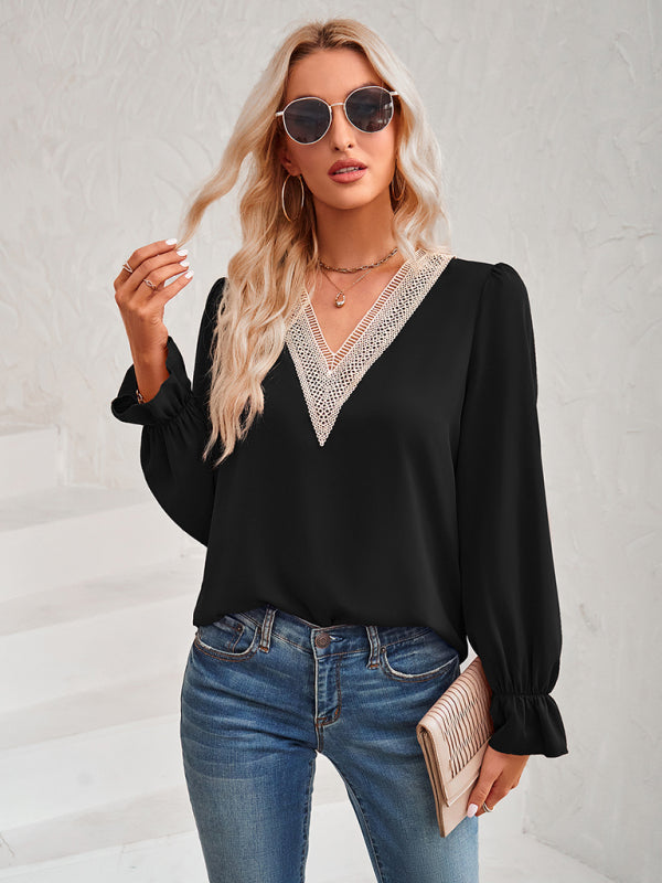 Top- Solid Long Sleeve Lace V-Neck Blouse Top- - IndioGear Fashion and Gear