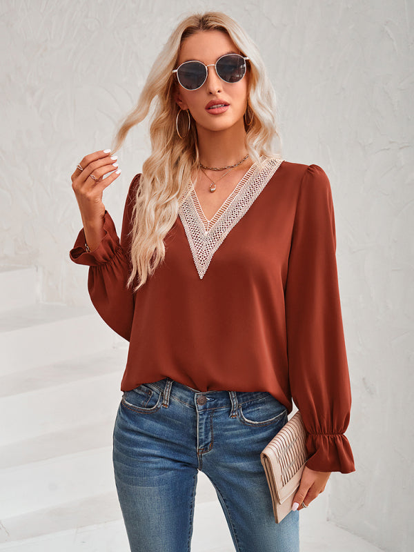 Top- Solid Long Sleeve Lace V-Neck Blouse Top- Brick red- IndioGear Fashion and Gear