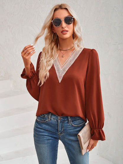 Top- Solid Long Sleeve Lace V-Neck Blouse Top- Brick red- IndioGear Fashion and Gear