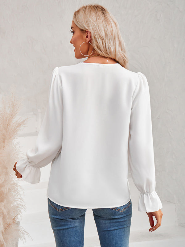 Top- Solid Long Sleeve Lace V-Neck Blouse Top- - IndioGear Fashion and Gear