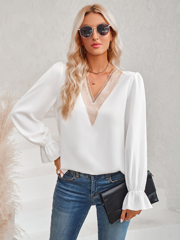 Top- Solid Long Sleeve Lace V-Neck Blouse Top- White- IndioGear Fashion and Gear