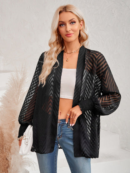 Top- Stay Chic and Cozy with the Women's Sheer Cardigan - Shop Now!- Black- IndioGear Fashion and Gear