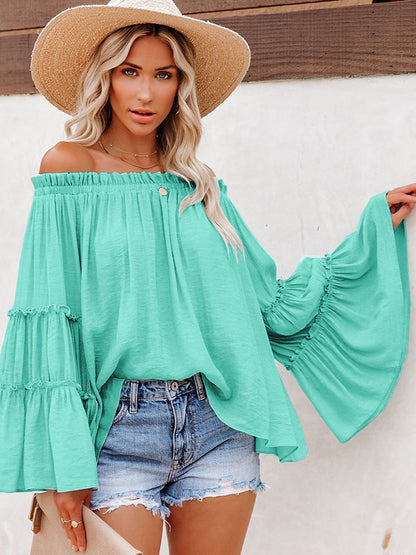 Top- Summer Flowy Off-Shoulder Top Blouse with Flared Sleeves- - IndioGear Fashion and Gear