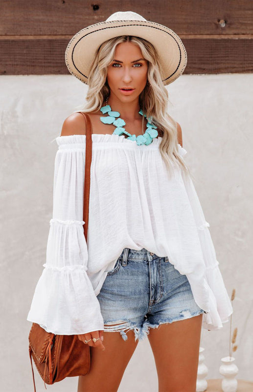 Top- Summer Flowy Off-Shoulder Top Blouse with Flared Sleeves- - IndioGear Fashion and Gear