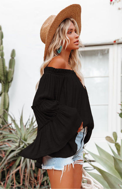 Top- Summer Flowy Off-Shoulder Top Blouse with Flared Sleeves- - IndioGear Fashion and Gear