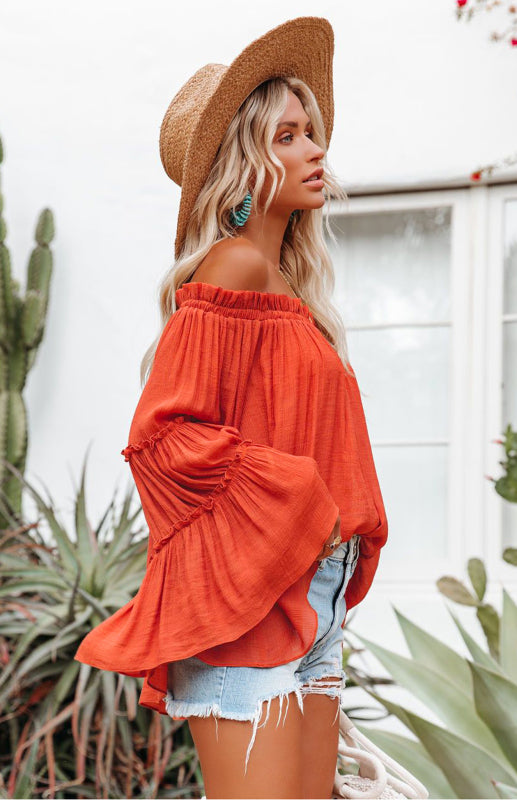 Top- Summer Flowy Off-Shoulder Top Blouse with Flared Sleeves- - IndioGear Fashion and Gear