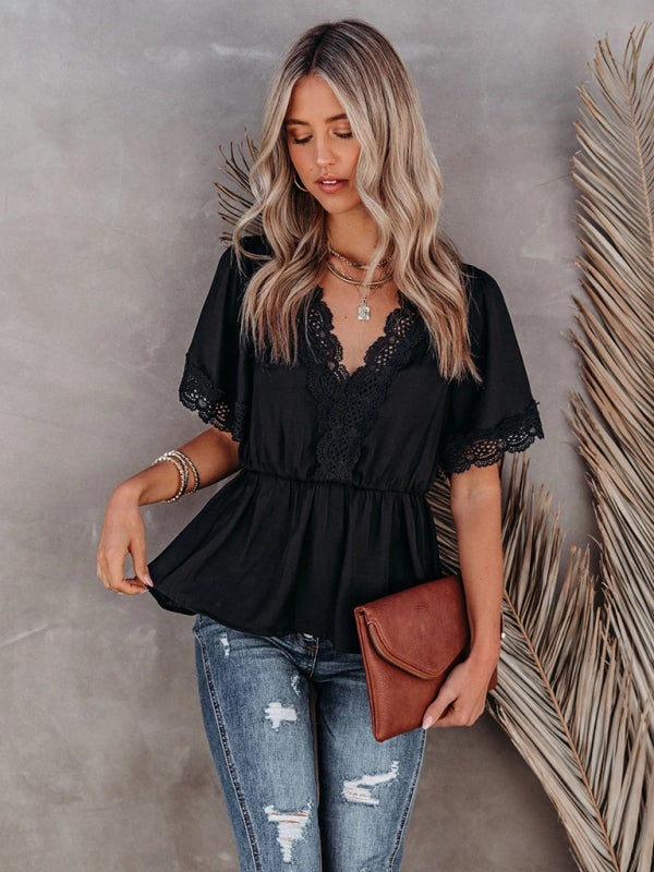 Top- Women's Blouse with Flared Sleeves and Lace Details- - IndioGear Fashion and Gear