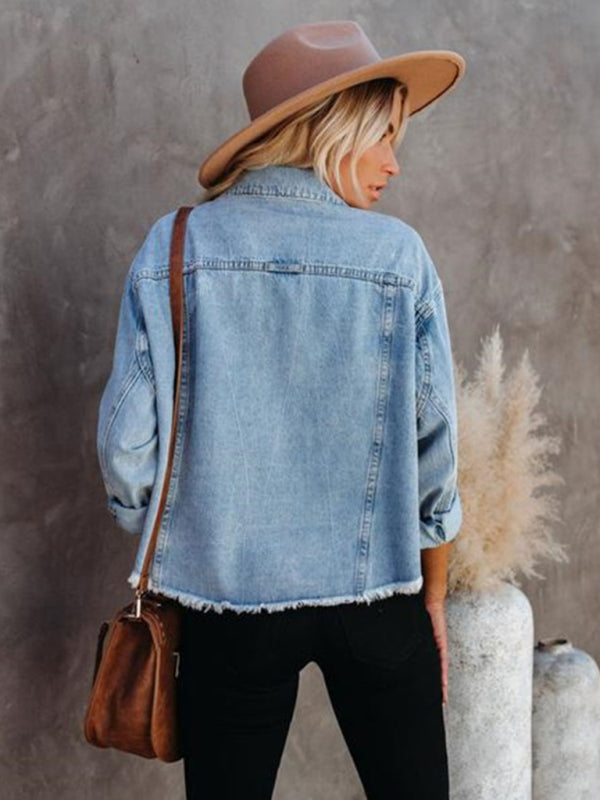 Top- Women's Denim Shirt Jacket: Distressed Jean, Frayed Hem, Flap Pockets- - IndioGear Fashion and Gear