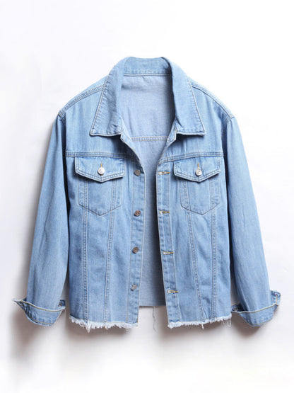 Top- Women's Denim Shirt Jacket: Distressed Jean, Frayed Hem, Flap Pockets- - IndioGear Fashion and Gear