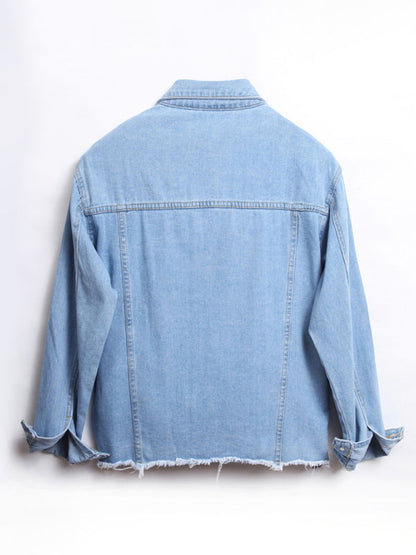 Top- Women's Denim Shirt Jacket: Distressed Jean, Frayed Hem, Flap Pockets- - IndioGear Fashion and Gear