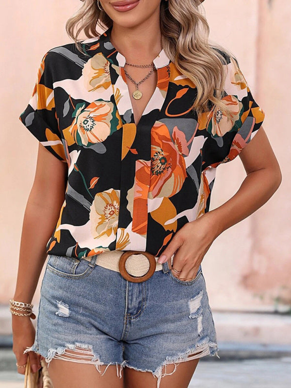 Top- Women's Floral Print T-shirt - A Perfect Casual Top for Any Occasion- Black- IndioGear Fashion and Gear