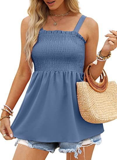 Top- Women's Summer Cami Tank Top - Sleeveless Blouse with Ruffle Details- Blue- IndioGear Fashion and Gear