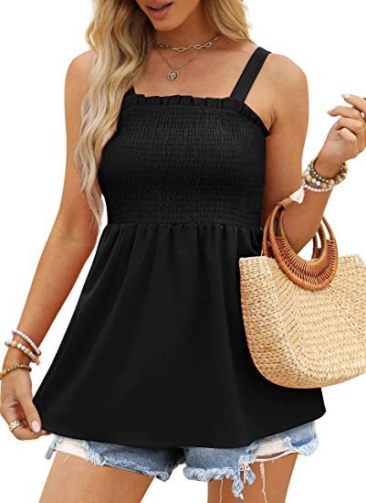 Top- Women's Summer Cami Tank Top - Sleeveless Blouse with Ruffle Details- Black- IndioGear Fashion and Gear