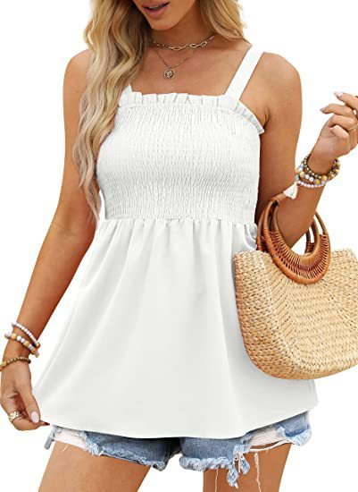 Top- Women's Summer Cami Tank Top - Sleeveless Blouse with Ruffle Details- White- IndioGear Fashion and Gear