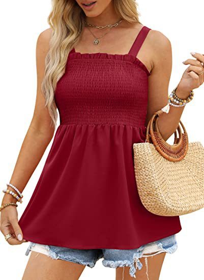 Top- Women's Summer Cami Tank Top - Sleeveless Blouse with Ruffle Details- Wine Red- IndioGear Fashion and Gear