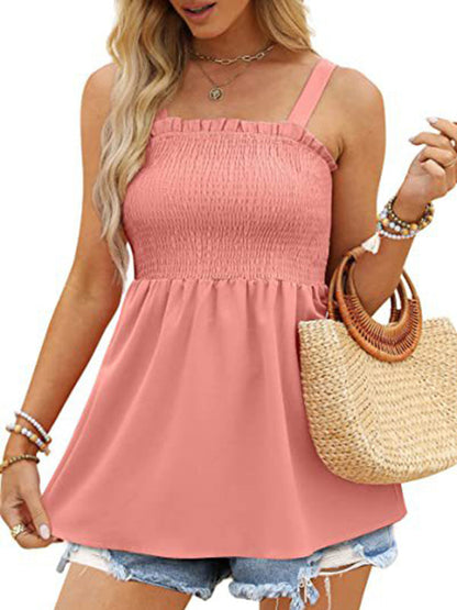 Top- Women's Summer Cami Tank Top - Sleeveless Blouse with Ruffle Details- Pink- IndioGear Fashion and Gear