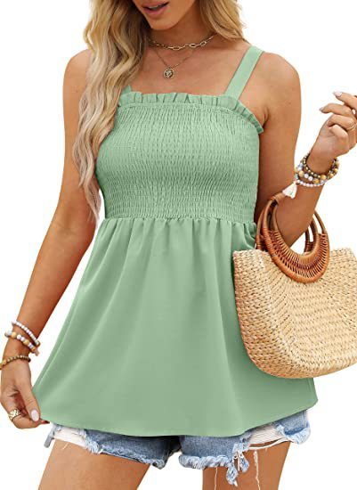 Top- Women's Summer Cami Tank Top - Sleeveless Blouse with Ruffle Details- Green- IndioGear Fashion and Gear