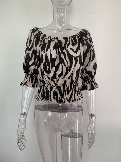 Tops- Abstract Print Off-Shoulder Half Sleeve Blouse- - IndioGear Fashion and Gear