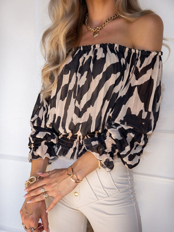 Tops- Abstract Print Off-Shoulder Half Sleeve Blouse- - IndioGear Fashion and Gear