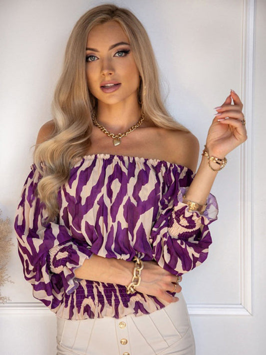 Tops- Abstract Print Off-Shoulder Half Sleeve Blouse- Purple- IndioGear Fashion and Gear